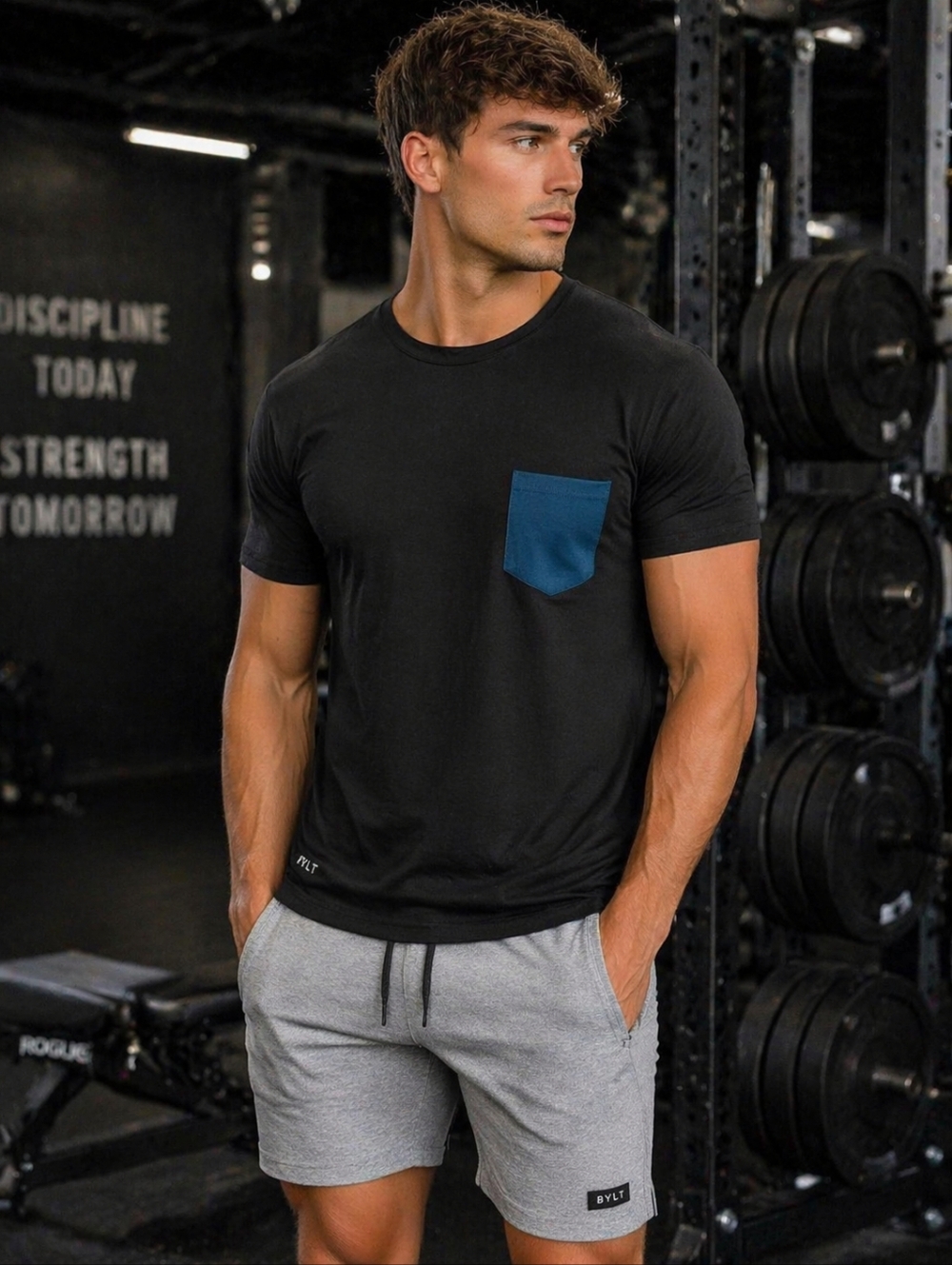 BYLT T Shirt Mens Large Black Blue Pocket Tee Athleisure Minimalist Gym Workout